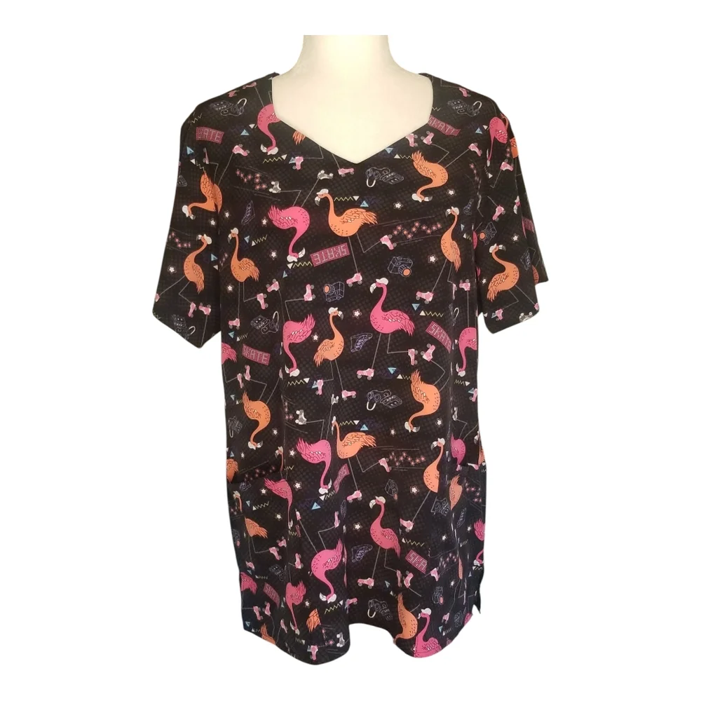 Colorful Flamingo Print Women's Short Sleeve Scrub Top - Picture 7 of 7